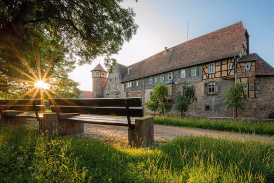 Glaukom Sicht gesund Simulation: ungestörtes Gesichtsfeld mit Fachwerkhaus und Parkbank